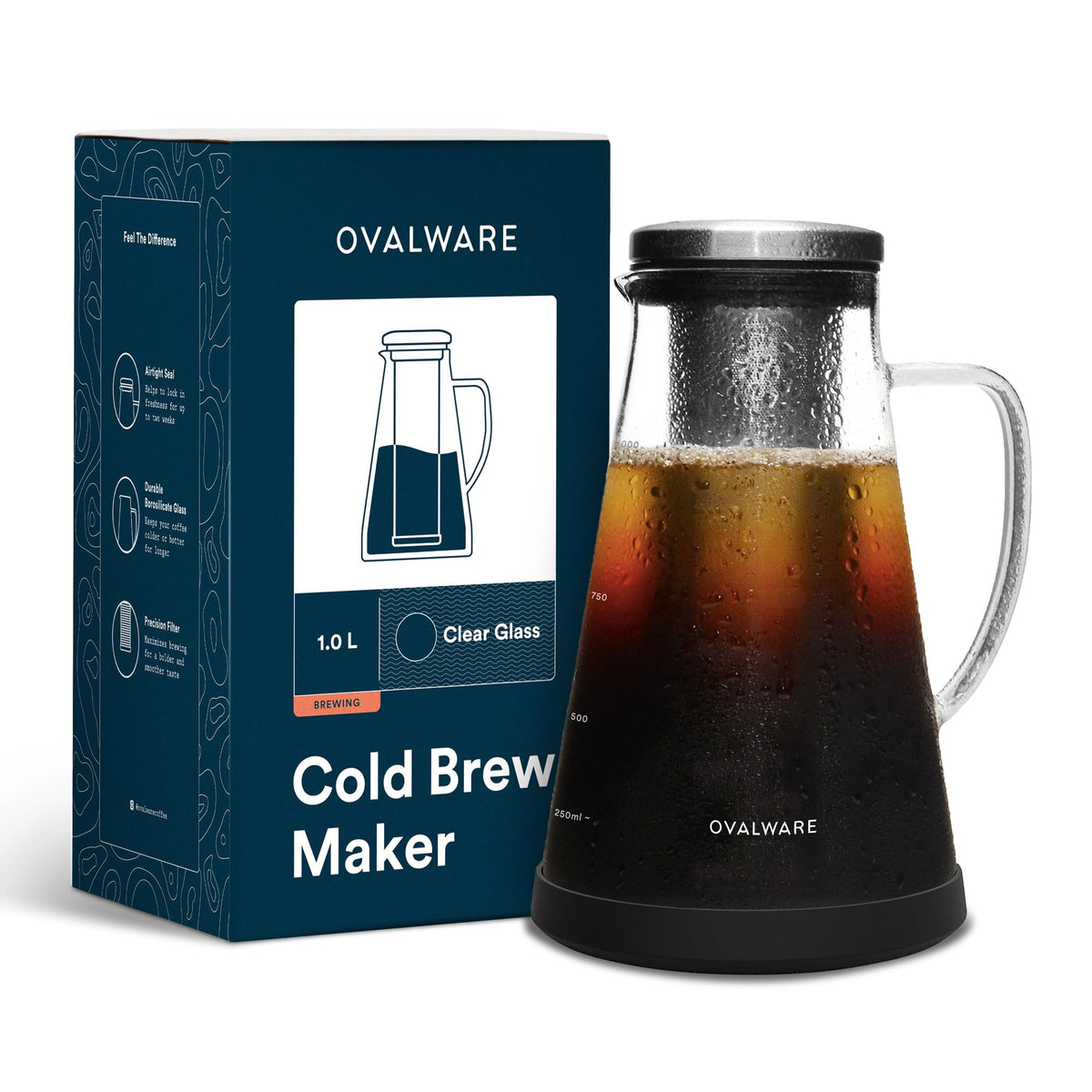 ovalware front view showing glass pitcher and label benefits