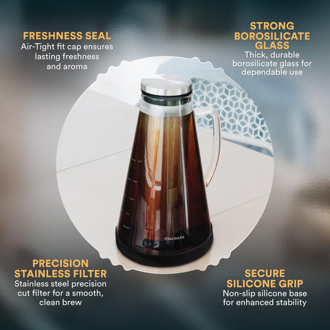 ovalware pitcher held by handle showing comfortable grip and pour