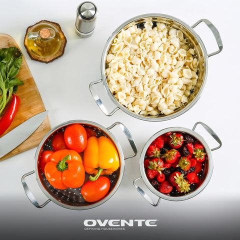 OVENTE large colander draining cooked pasta quickly for faster meal assembly and less mess