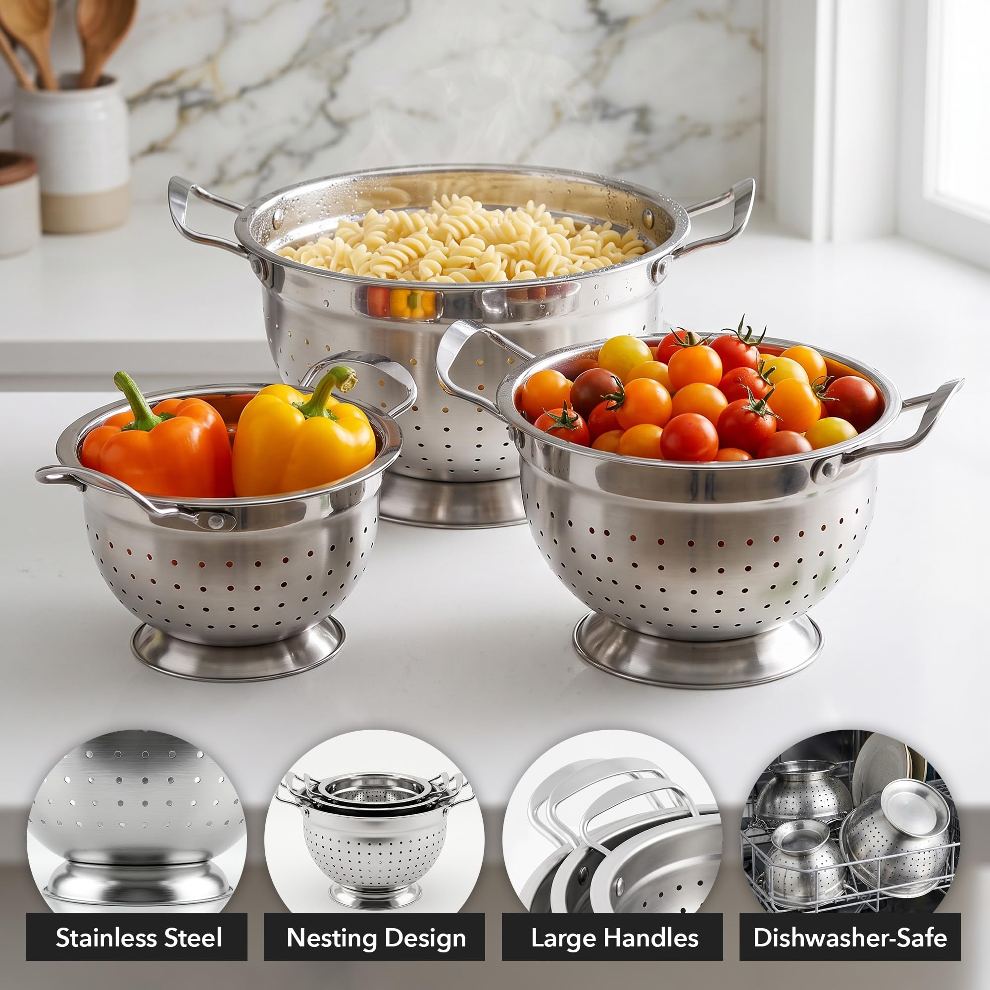 OVENTE nested colanders illustrating stackable design and space-saving kitchen storage advantage