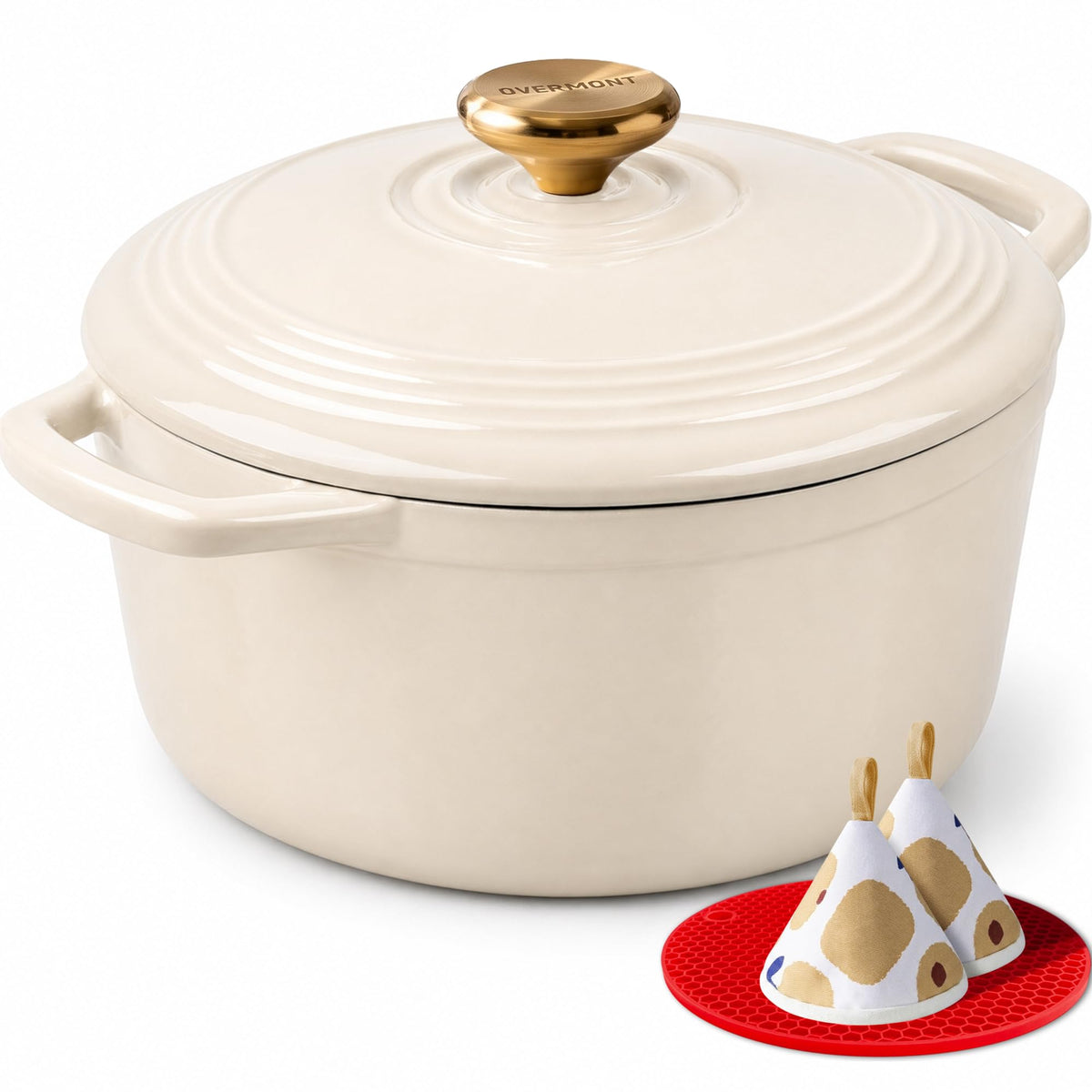 Overmont cream white Dutch oven front view showing elegant finish and even heating benefit