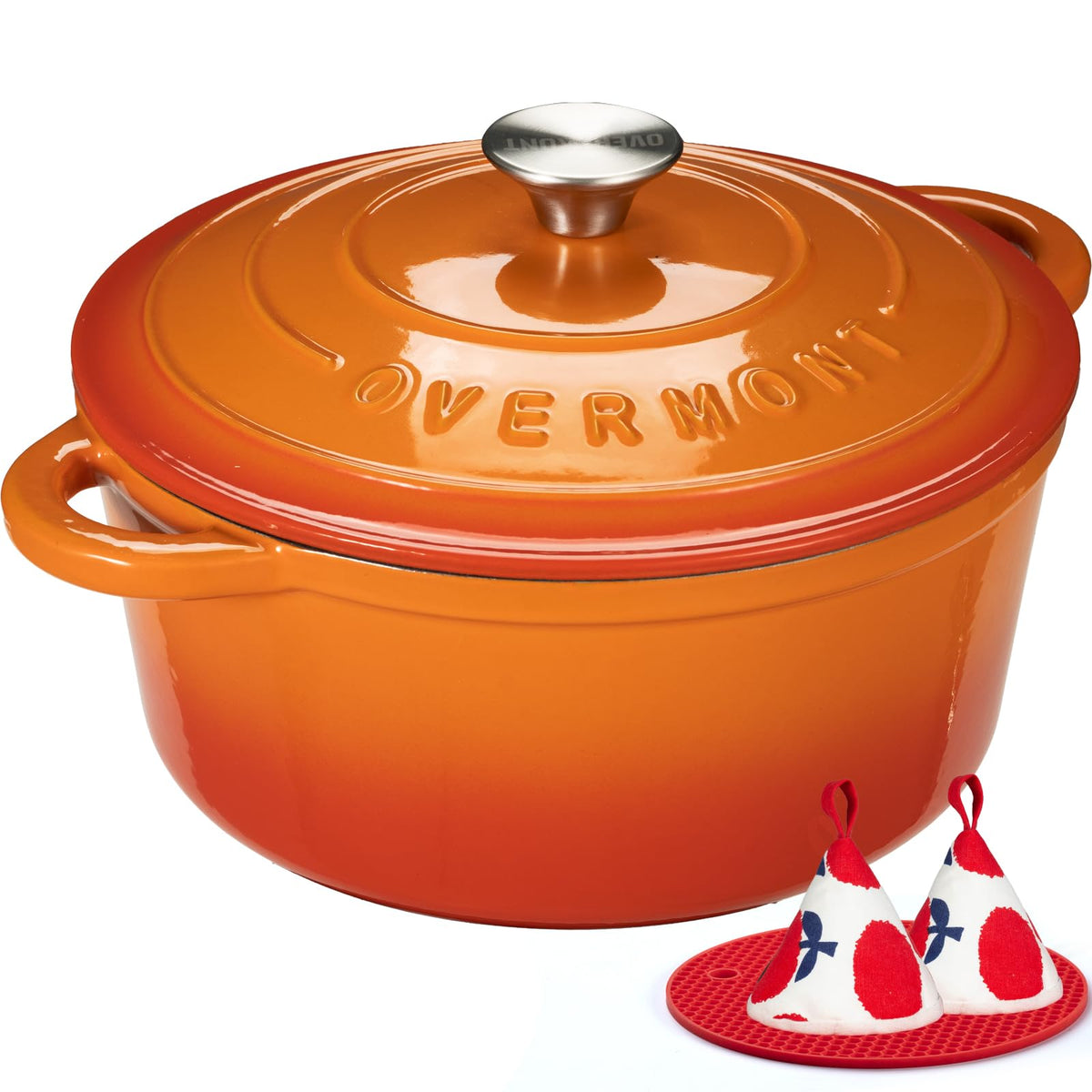 Overmont Dutch oven front view showing orange enamel and lid, attractive table centerpiece