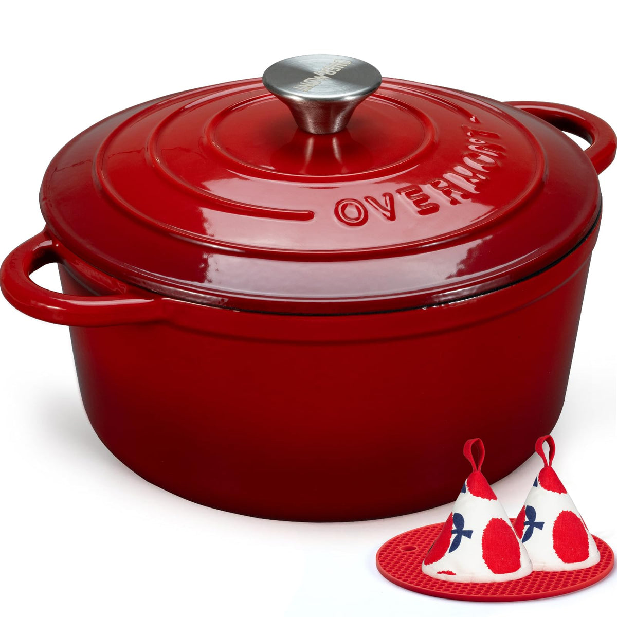 Overmont Dutch oven front view red showing elegant finish and instant table appeal