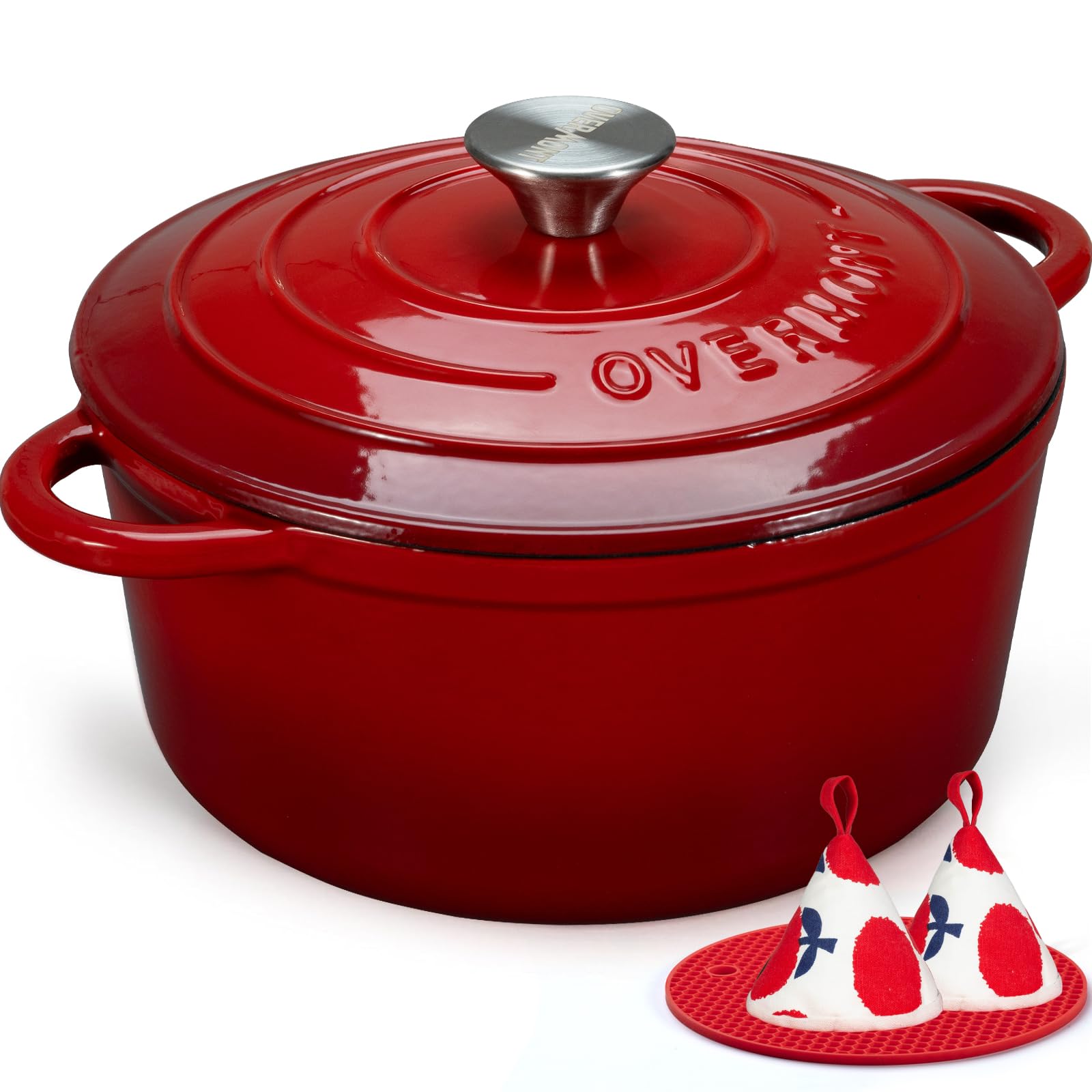 Overmont Dutch oven front view showing red enamel and sturdy handles, enhances serving appeal