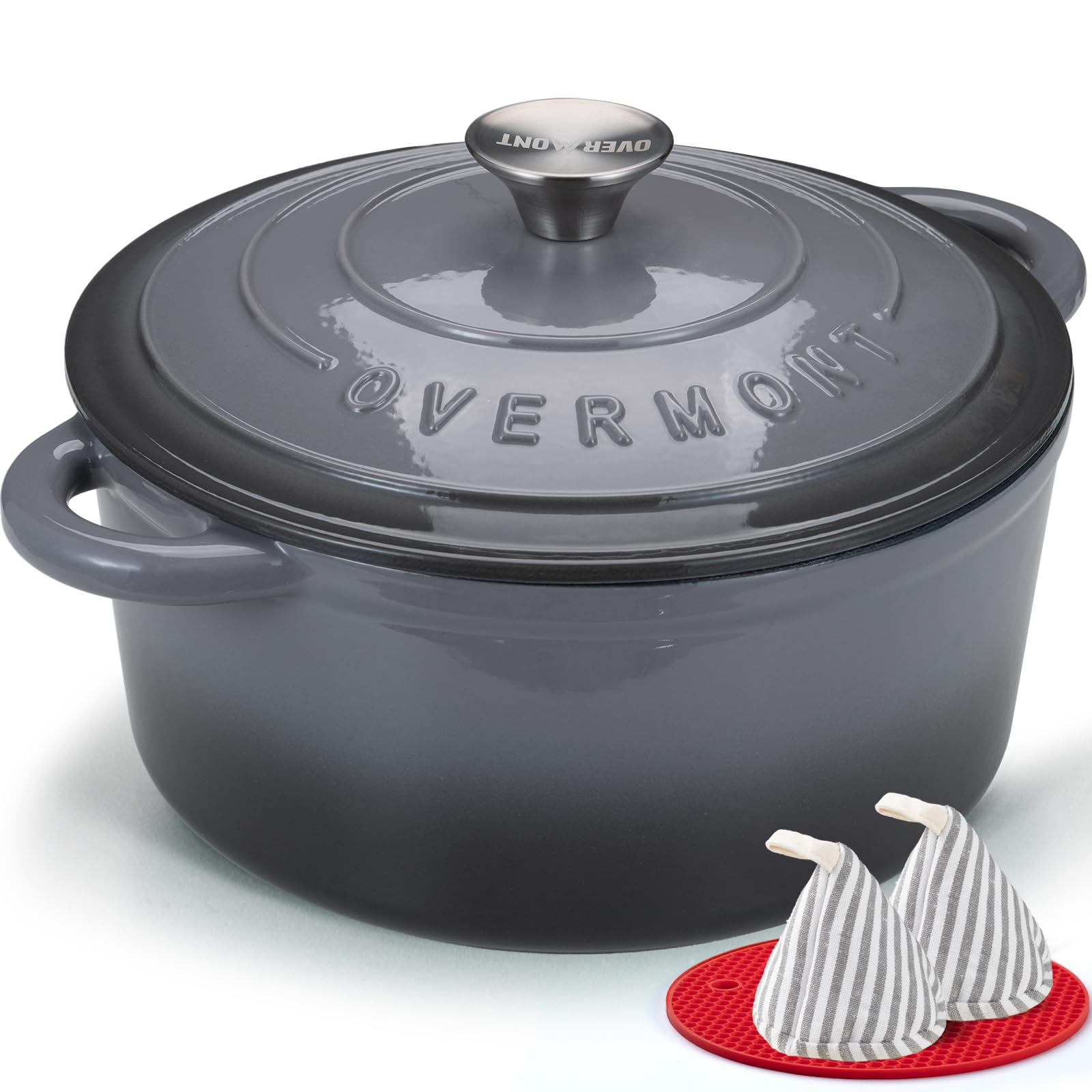 Overmont Dutch oven front view showing elegant enamel and sturdy handles, great for serving