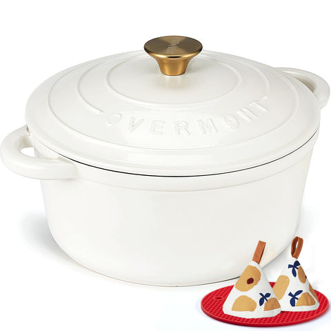 Overmont Dutch oven front view showing sturdy design and attractive enamel finish for serving