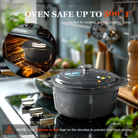 Overmont Dutch oven inside oven with roast, illustrating oven-safe use up to 500°F