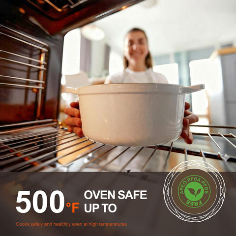 Overmont Dutch oven roasting chicken in oven demonstrating oven-safe versatility