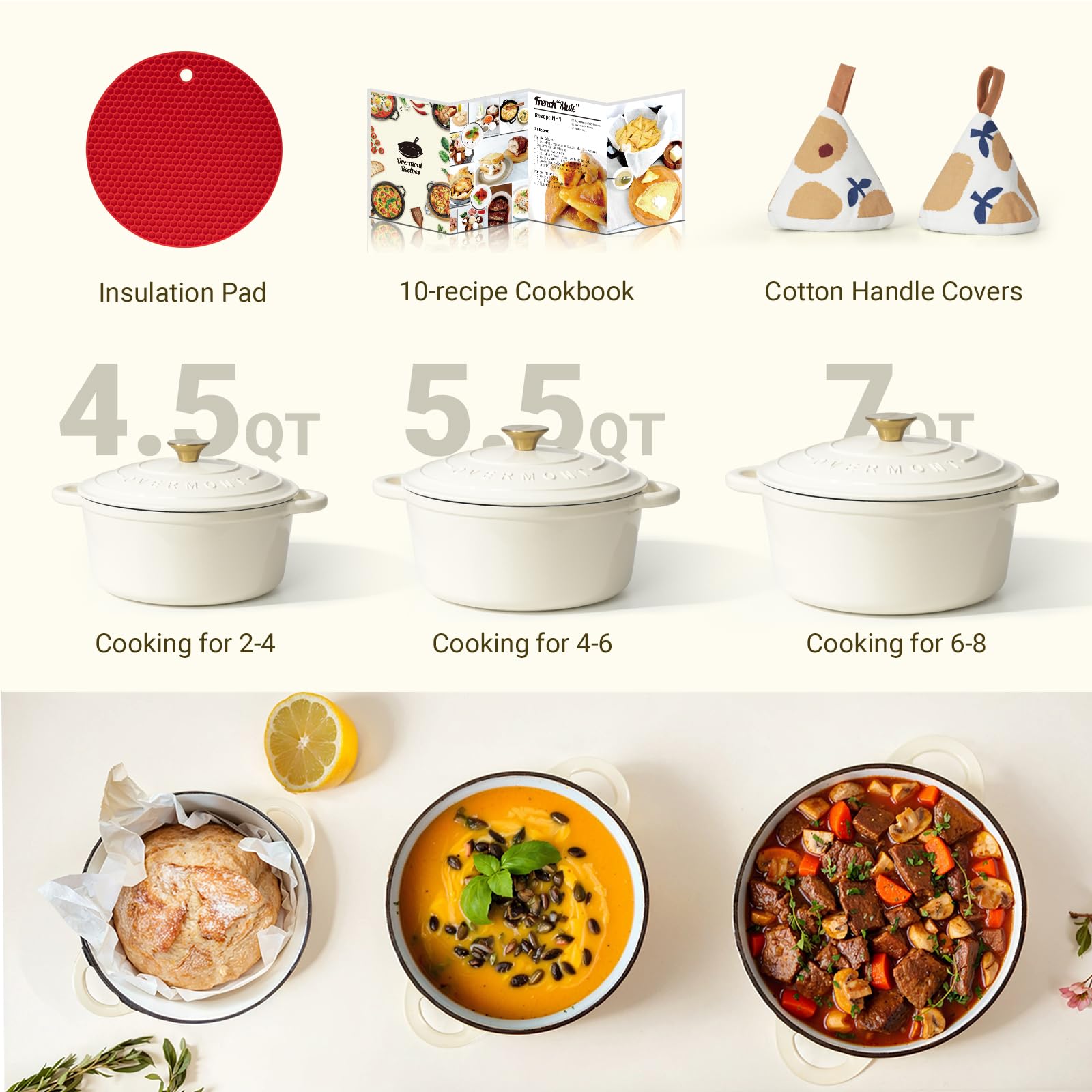 Overmont Dutch oven next to vegetables showing 7QT capacity for family meals