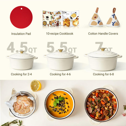 Overmont Dutch oven next to vegetables showing 7QT capacity for family meals