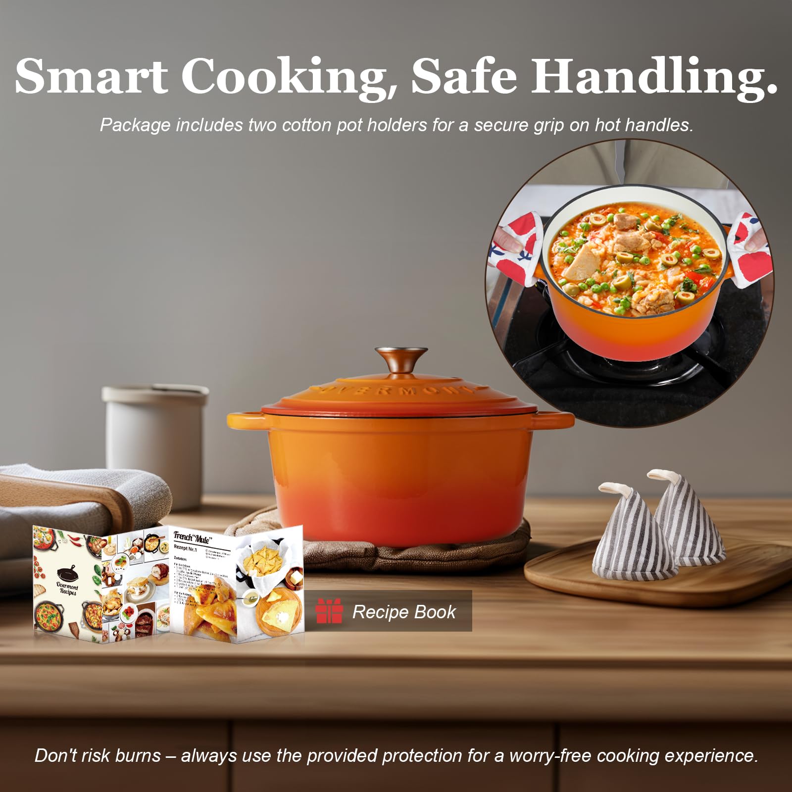 Overmont Dutch oven next to measuring cup showing 7QT capacity for family meals
