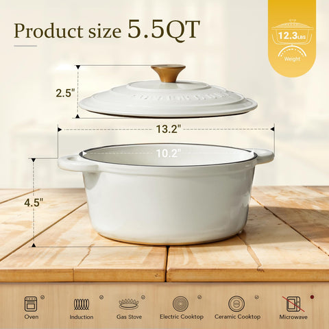 Overmont Dutch oven next to a measuring cup showing 5.5QT size and family-ready capacity