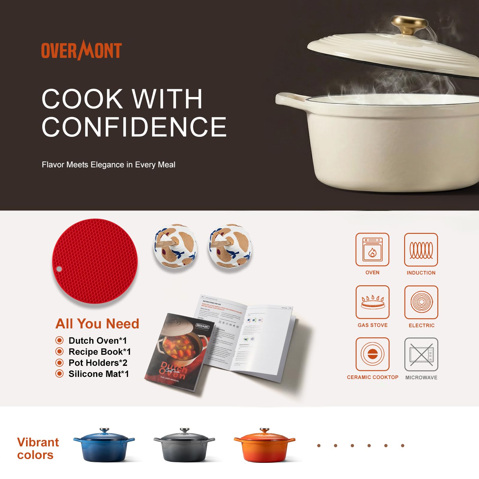 Overmont Dutch oven beside spatula showing size and capacity for family meals