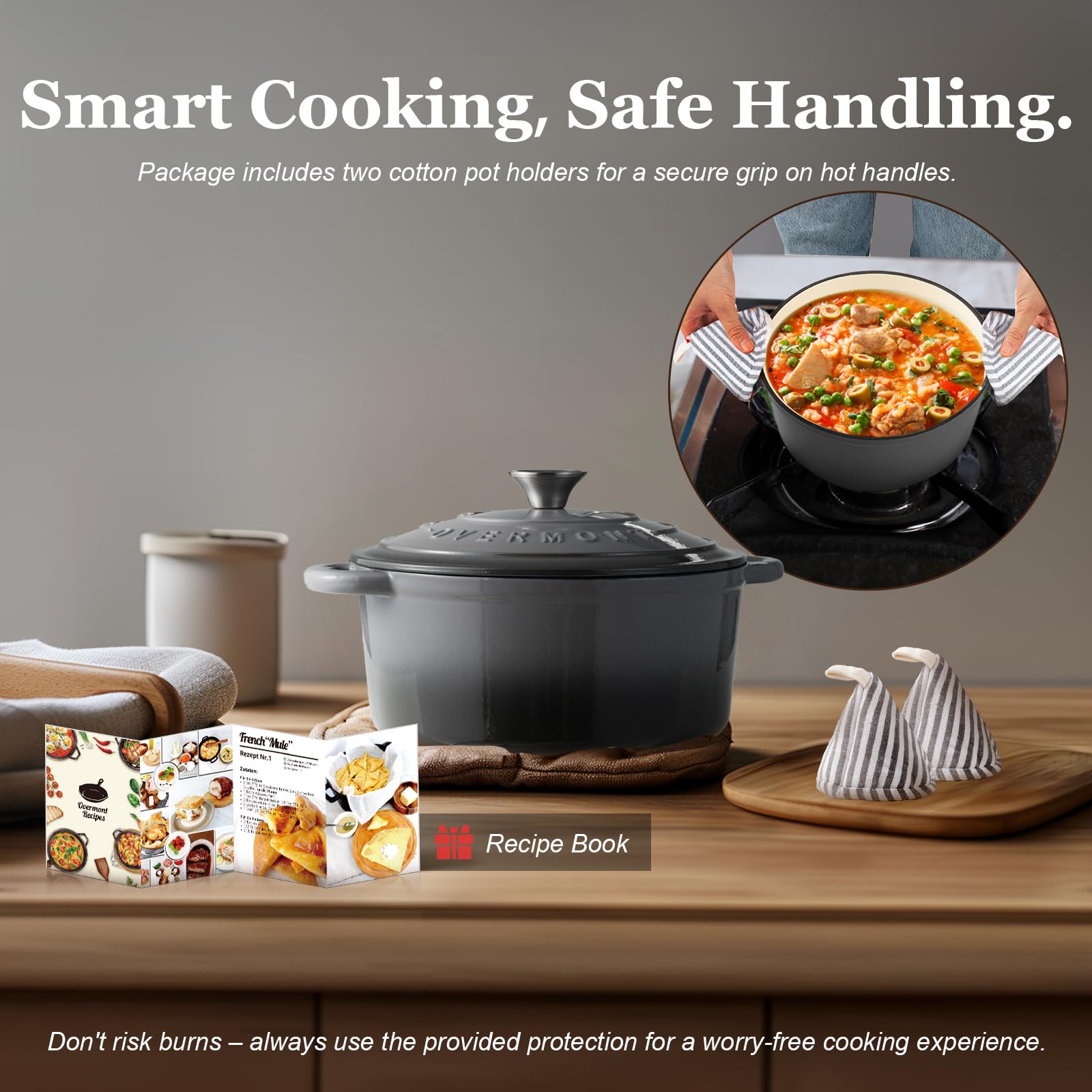 Overmont Dutch oven size comparison with utensils showing ideal 4.5QT capacity for small households