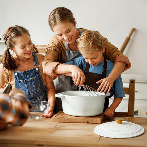 Overmont Dutch oven served on dining table in a styled setting for stove-to-table presentation