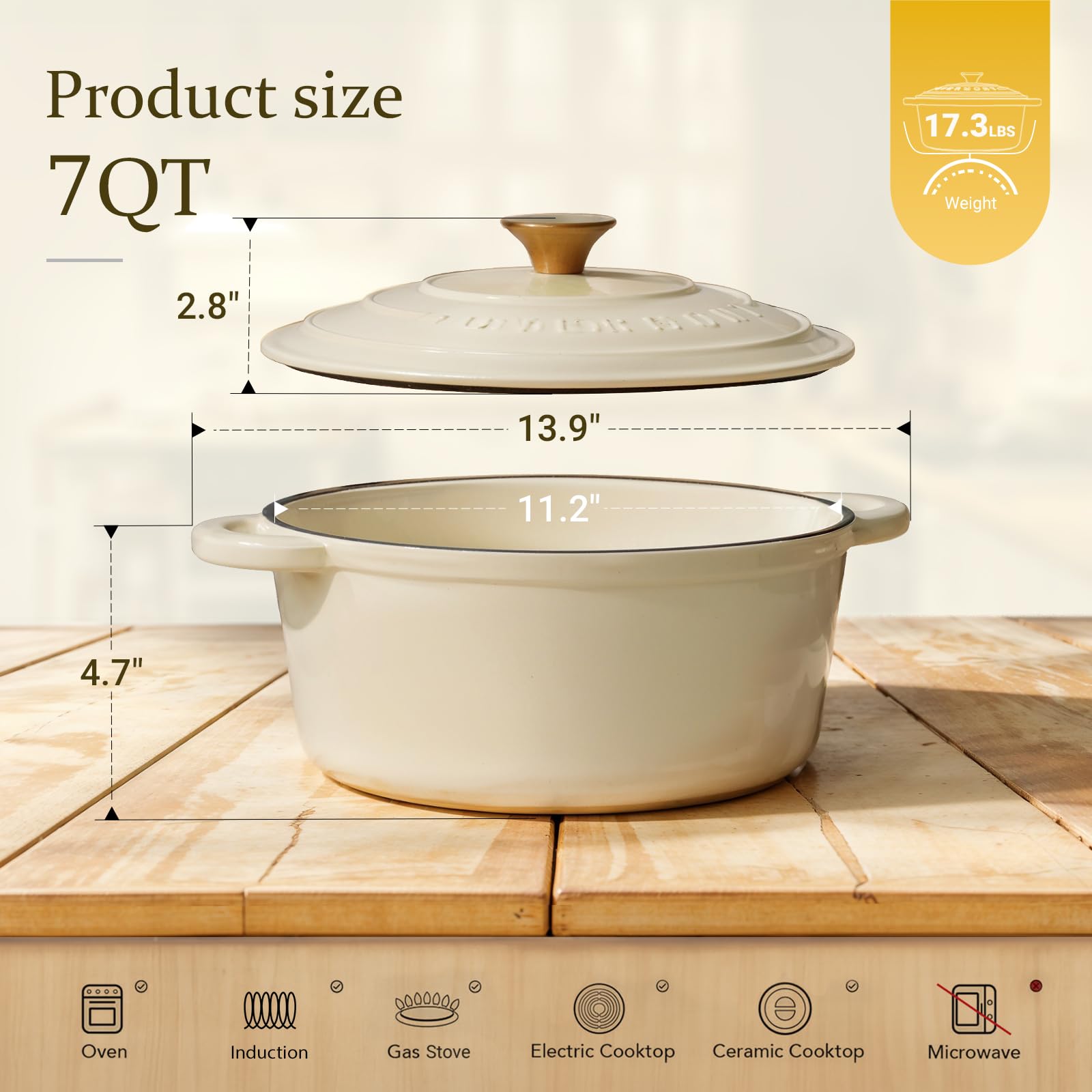 Overmont Dutch oven with included cookbook and cotton potholders showing convenience