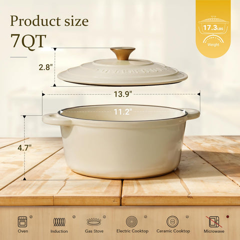 Overmont Dutch oven with included cookbook and cotton potholders showing convenience
