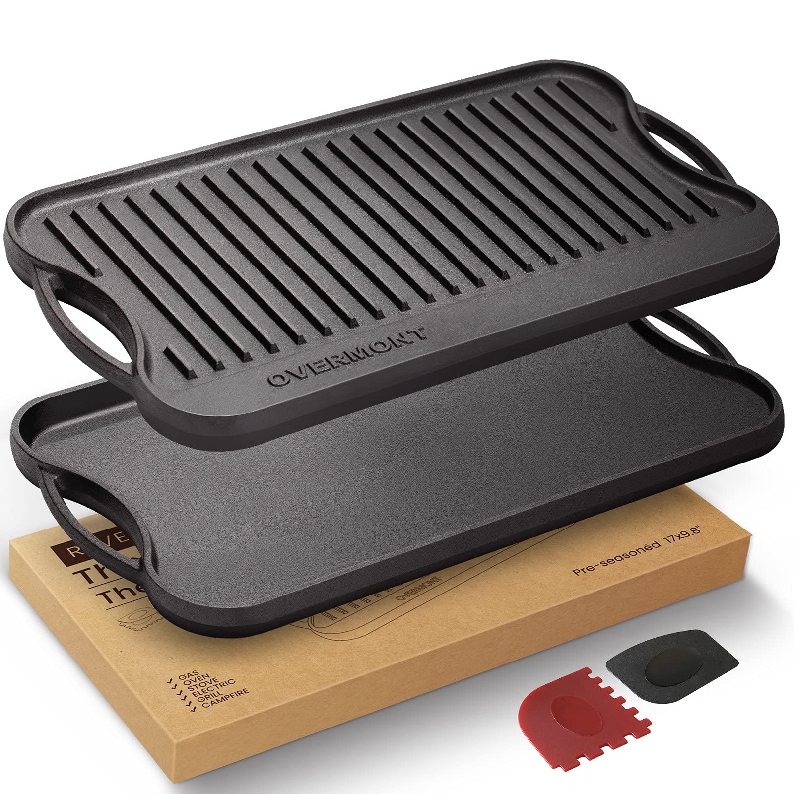 Overmont front view reversible griddle showing both sides and sturdy handle benefits fast flipping