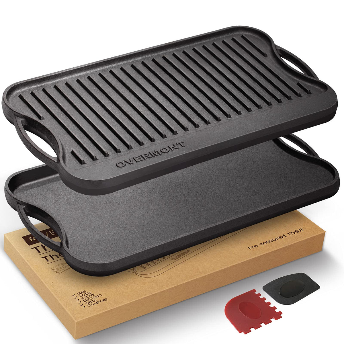 Overmont front view reversible griddle showing both sides and sturdy handle benefits fast flipping
