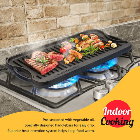 Overmont griddle on double burners stovetop delivering even heat across large surface