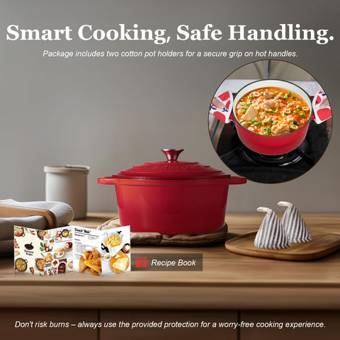 Overmont Dutch oven next to utensils to show 4.5QT scale, perfect for small households