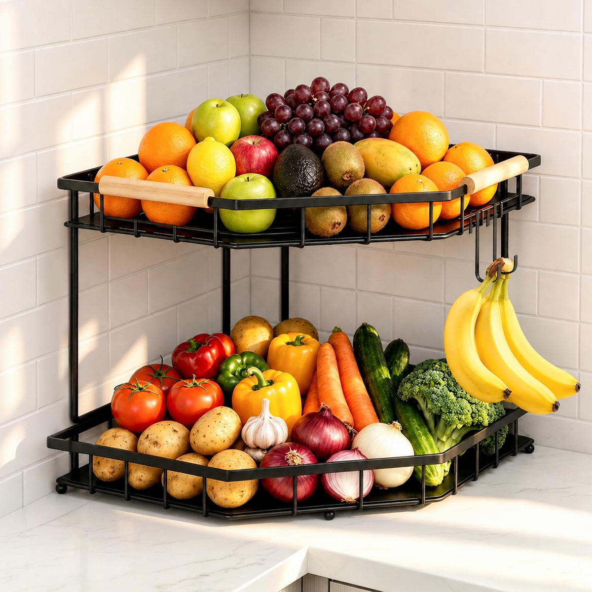 OVGJD front view of corner basket shows space-saving benefit