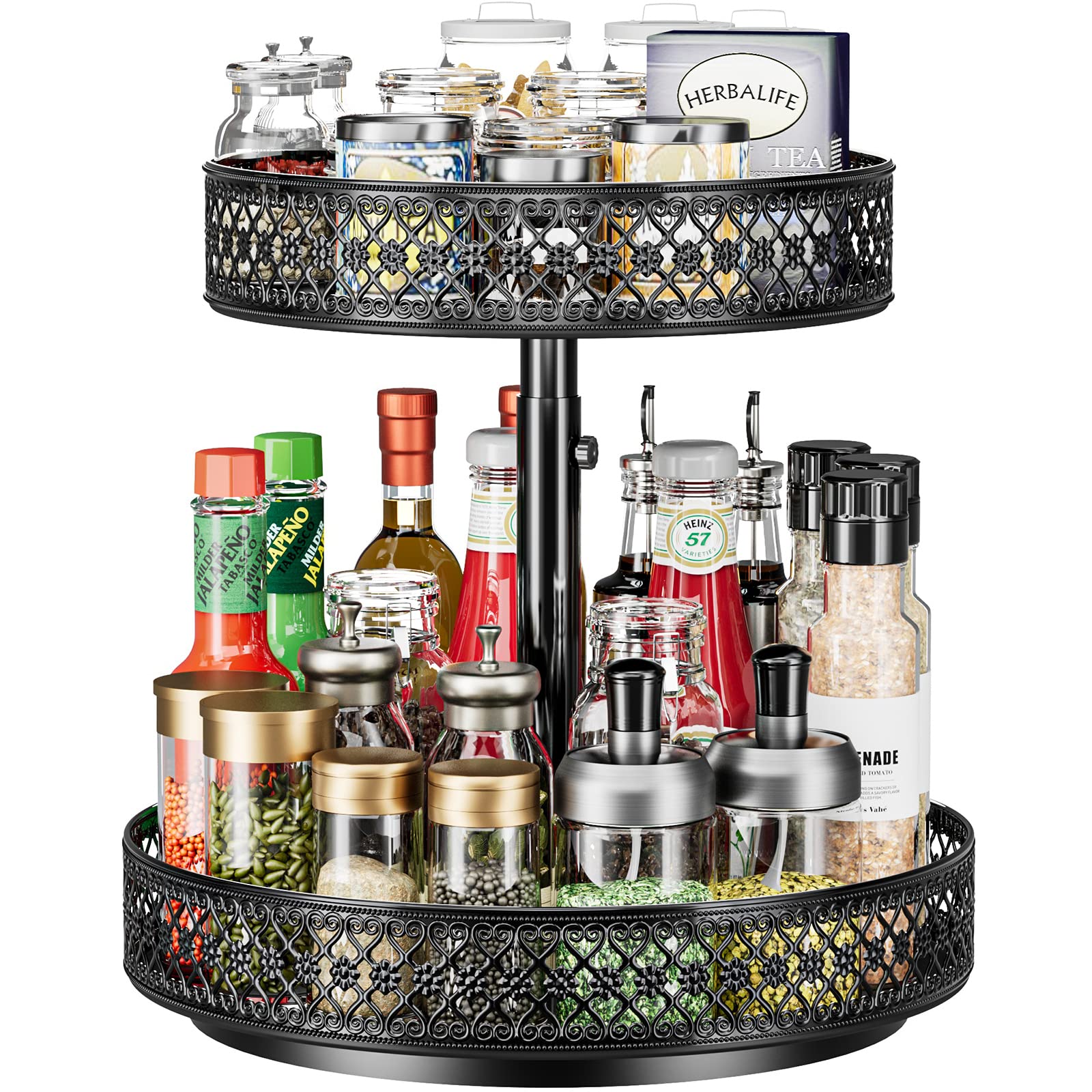 OVICAR front view of two-tier Lazy Susan showing organized bottles and accessibility