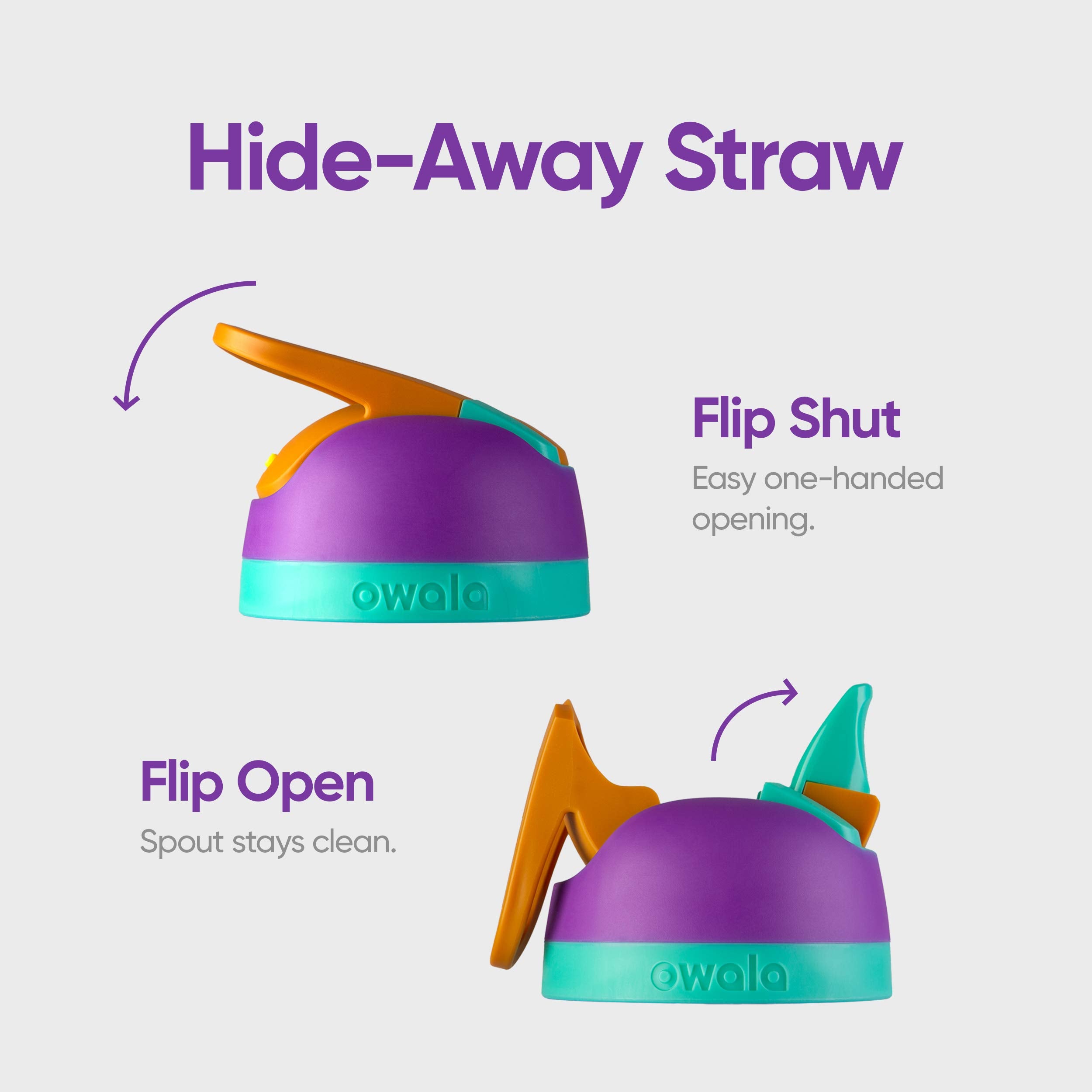Owala flip close-up of hideaway straw and lock for spill protection