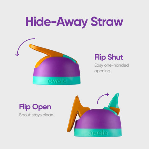 Owala flip close-up of hideaway straw and lock for spill protection