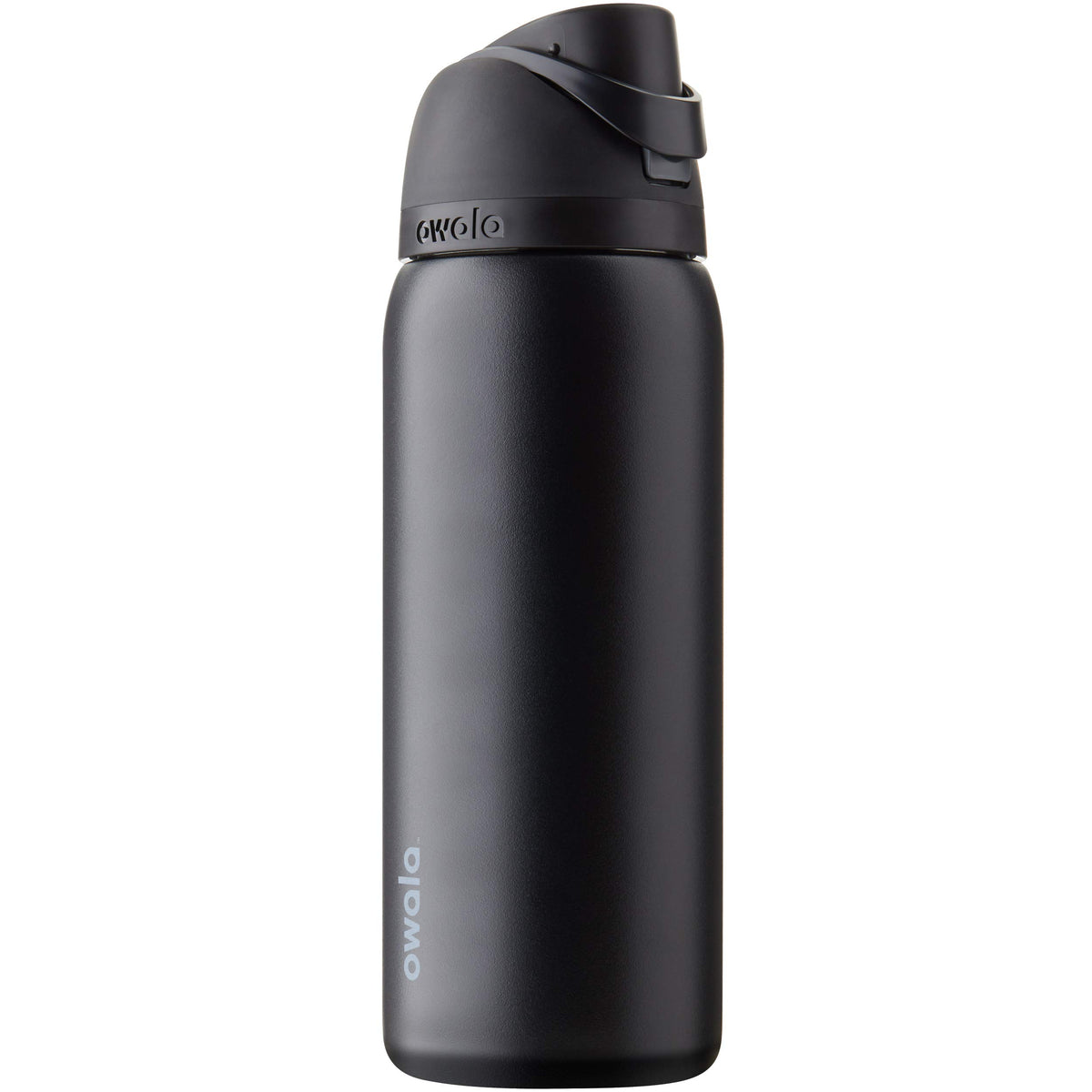 Owala bottle front view showing Very, Very Dark finish and capacity benefit