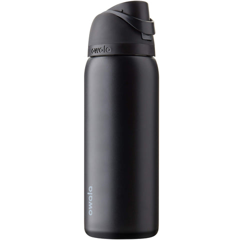 Owala bottle front view showing Very, Very Dark finish and capacity benefit