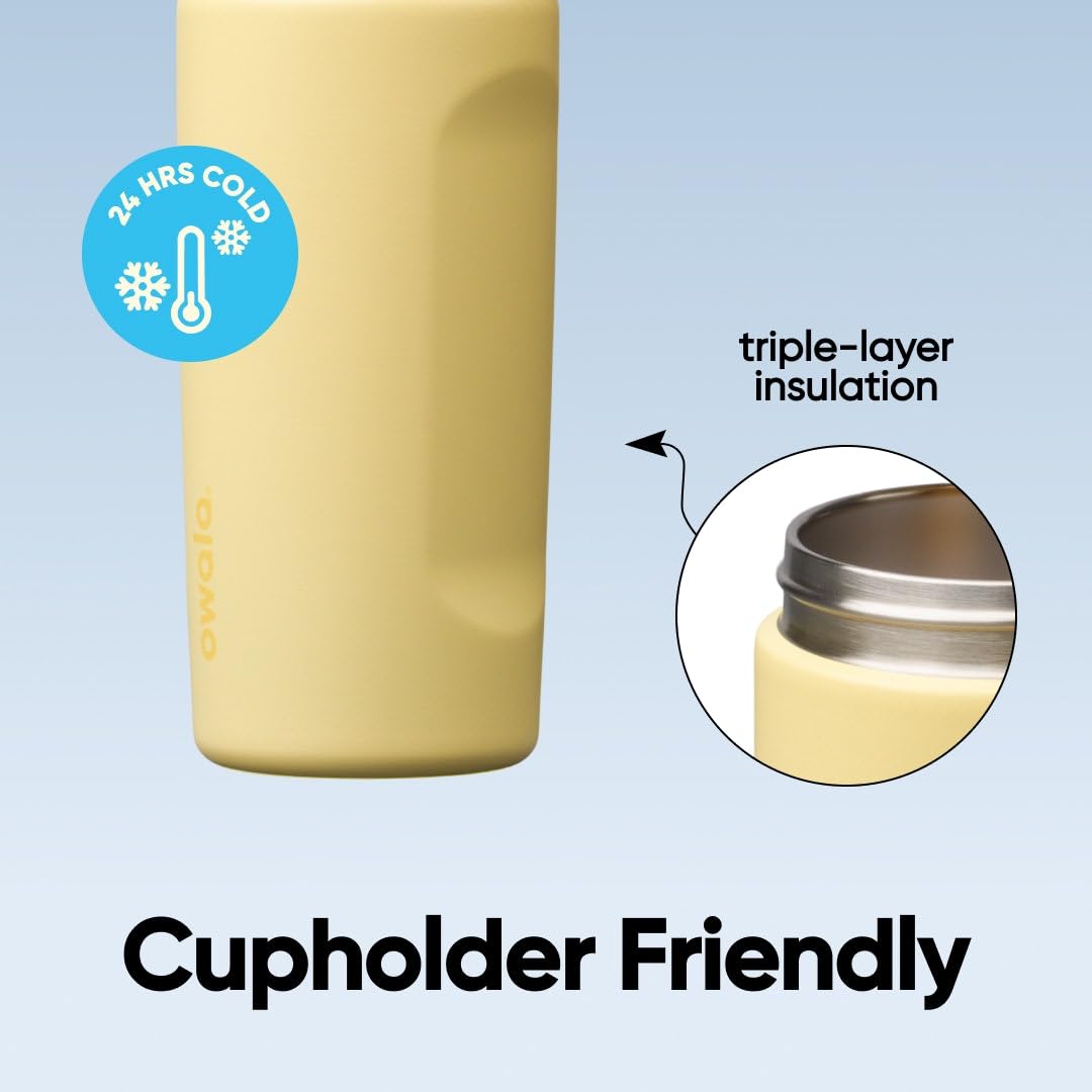 Owala FreeSip inside a backpack and cup holder showing portable size and travel convenience