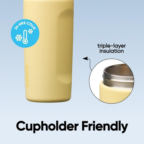 Owala FreeSip inside a backpack and cup holder showing portable size and travel convenience