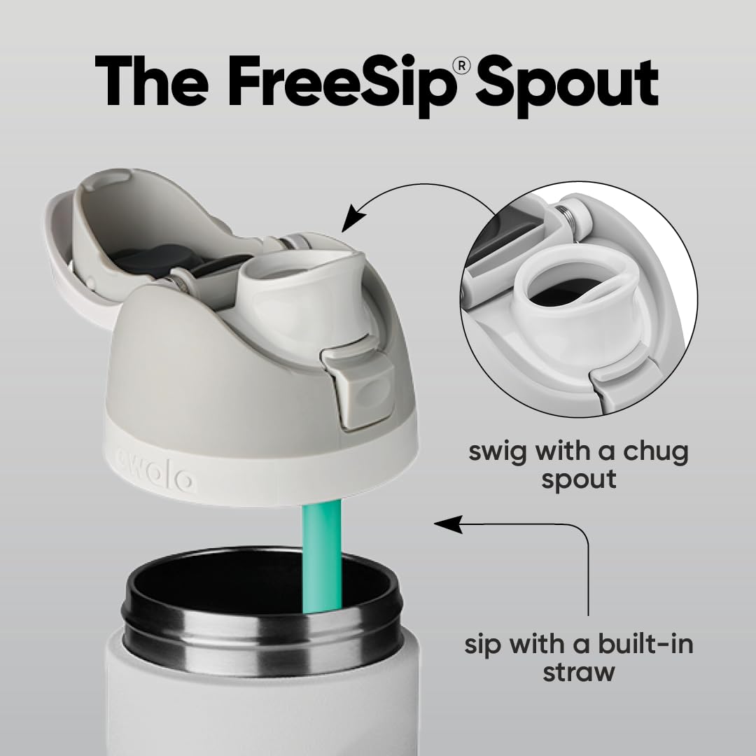 Owala FreeSip lid closeup highlighting push-button and clean spout for easy, hygienic use
