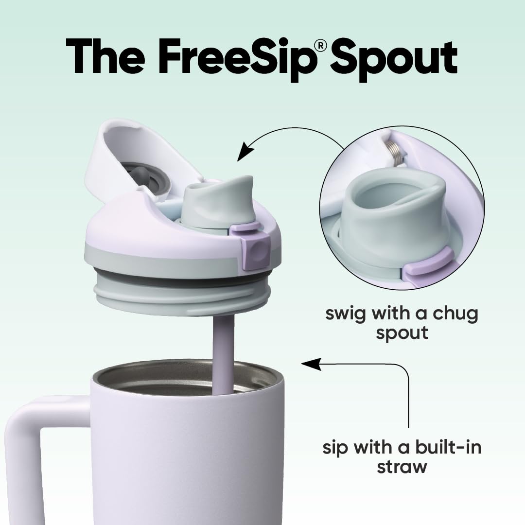 Owala FreeSip lid close-up with push-button and lock for secure opening