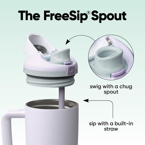 Owala FreeSip lid close-up with push-button and lock for secure opening