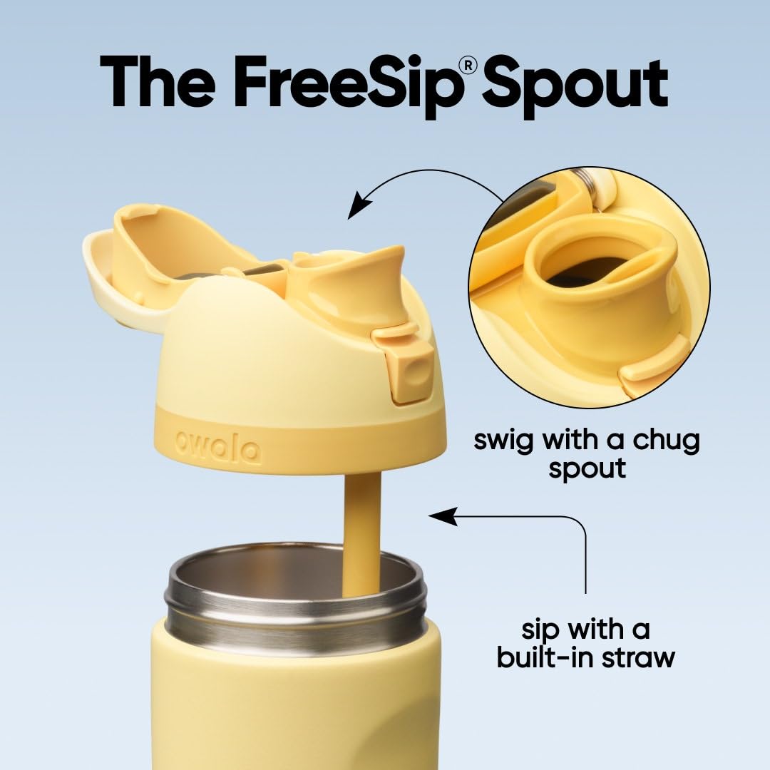 Owala FreeSip lid detail with push-button lock demonstrating spill prevention benefit