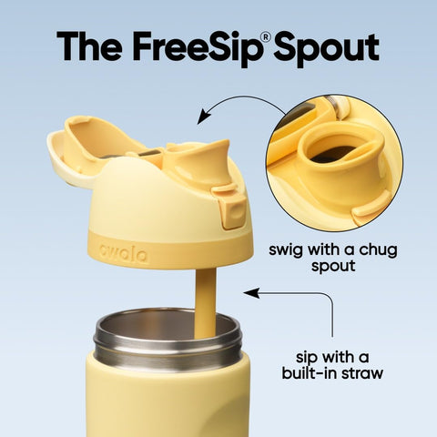 Owala FreeSip lid detail with push-button lock demonstrating spill prevention benefit