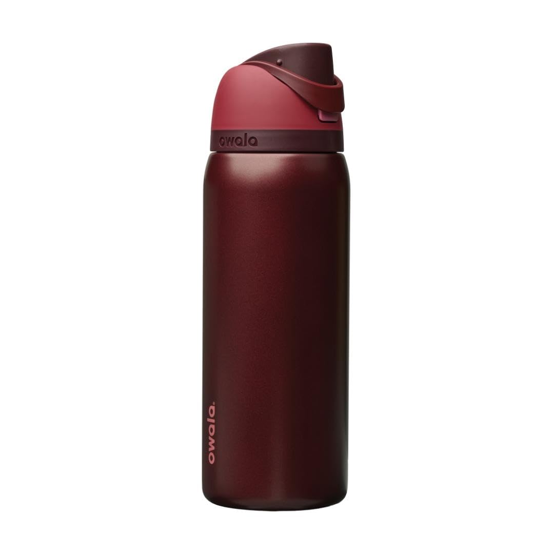 Owala FreeSip front view showing black cherry finish and secure lid, for stylish hydration