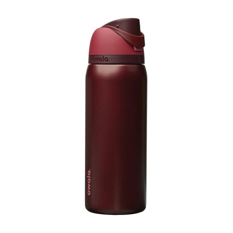 Owala FreeSip front view showing black cherry finish and secure lid, for stylish hydration