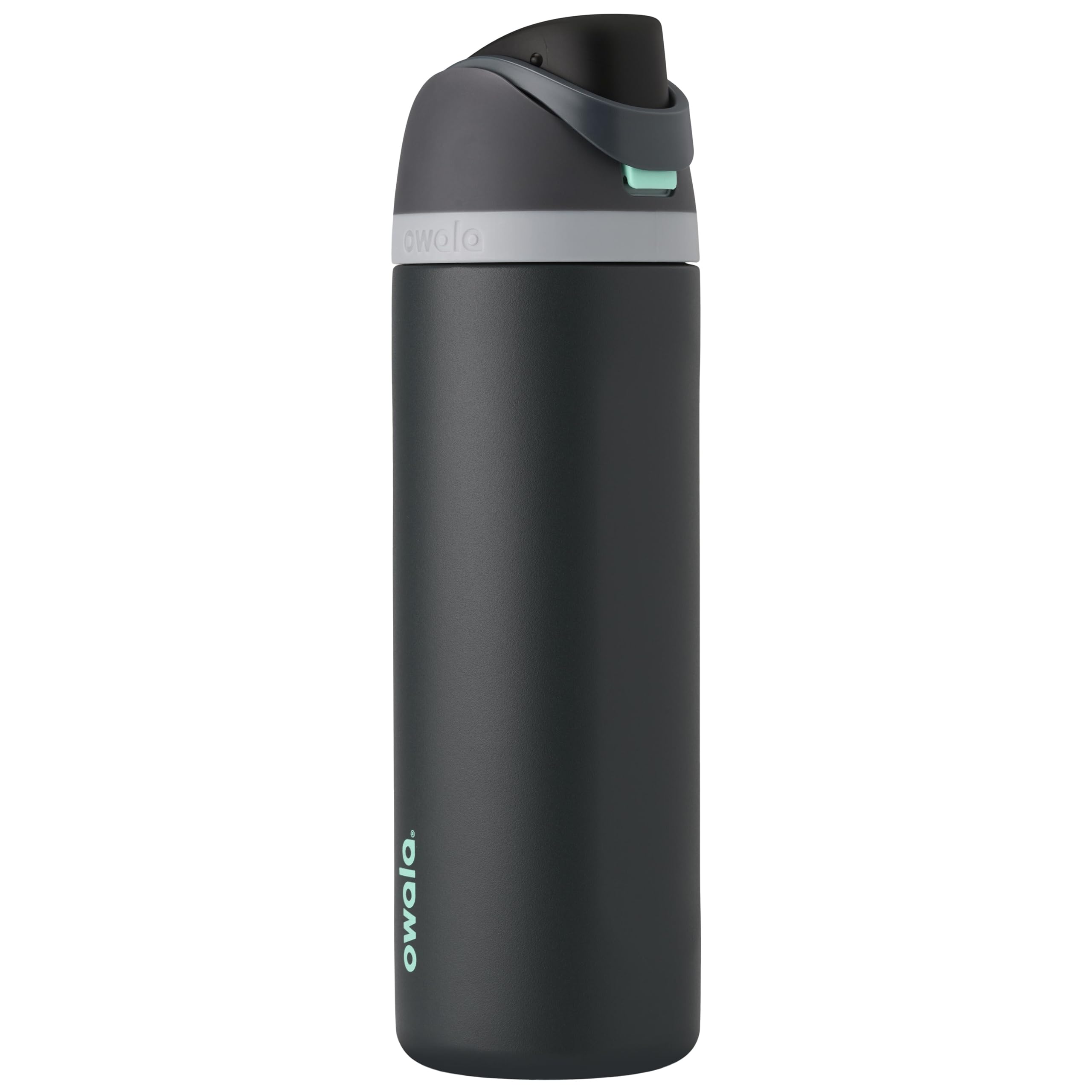 Owala FreeSip front view showing Foggy Tide finish and ergonomic shape for easy grip
