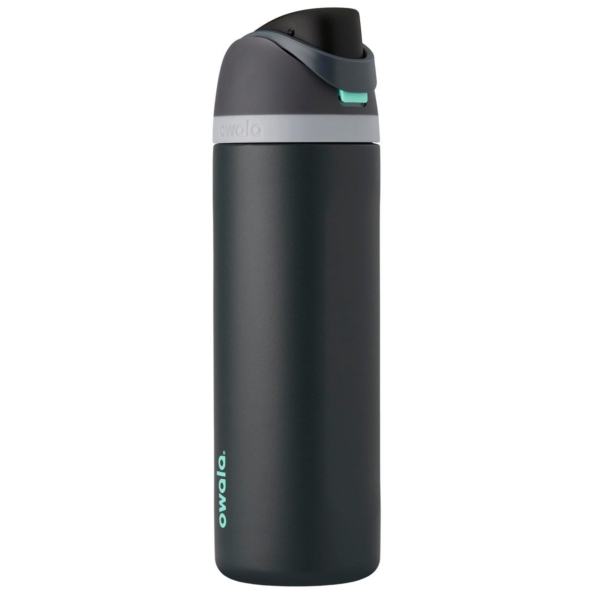 Owala FreeSip front view showing Foggy Tide finish and ergonomic shape for easy grip