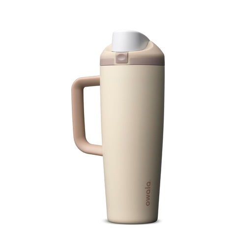 Owala FreeSip 30 oz front view showing lightly toasted finish and ergonomic shape for easy hydration