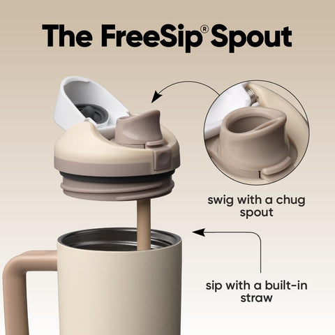 Owala FreeSip straw detail focusing on built-in straw for hands-free sipping and quick access