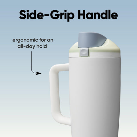 Owala FreeSip in car cup holder illustrating 30 oz fit and on-the-go convenience benefit