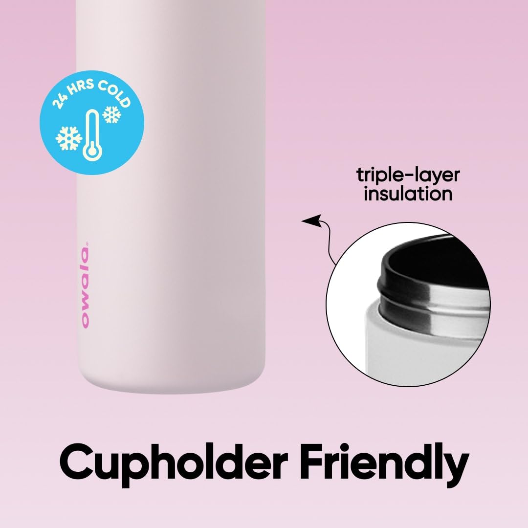 Owala FreeSip in a car cup holder demonstrating travel-friendly base fit