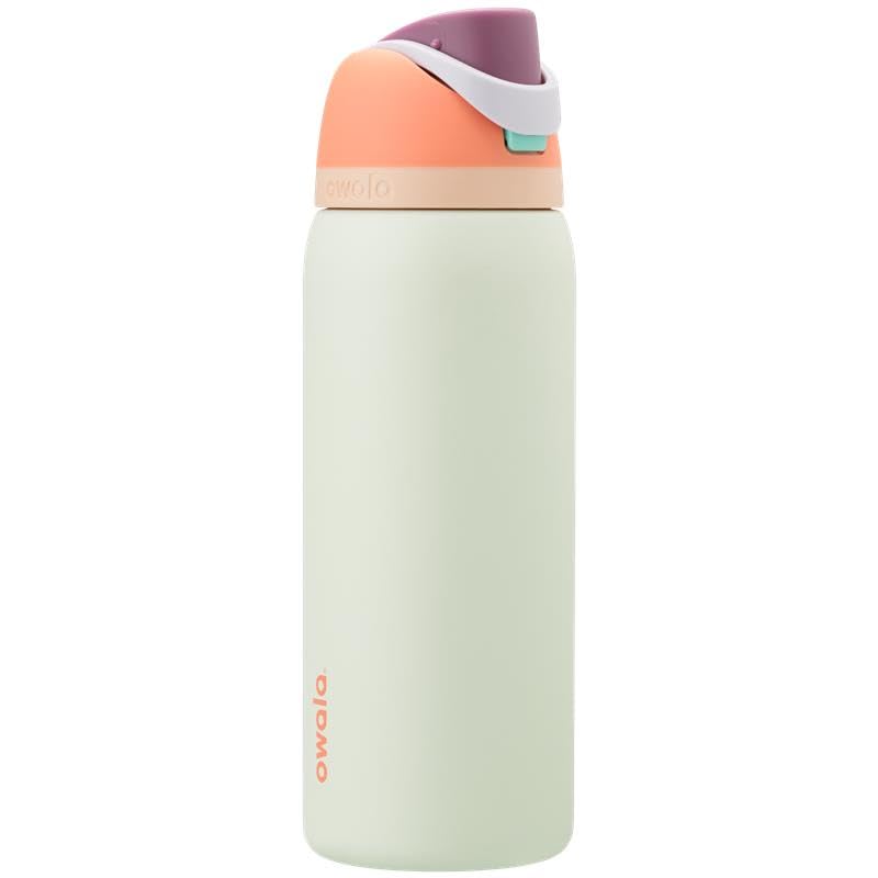Owala FreeSip front view showing Surf's Edge color and spill-resistant lid benefit