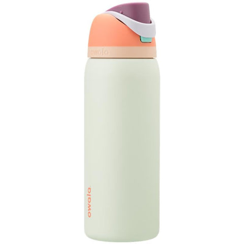 Owala FreeSip front view showing Surf's Edge color and spill-resistant lid benefit