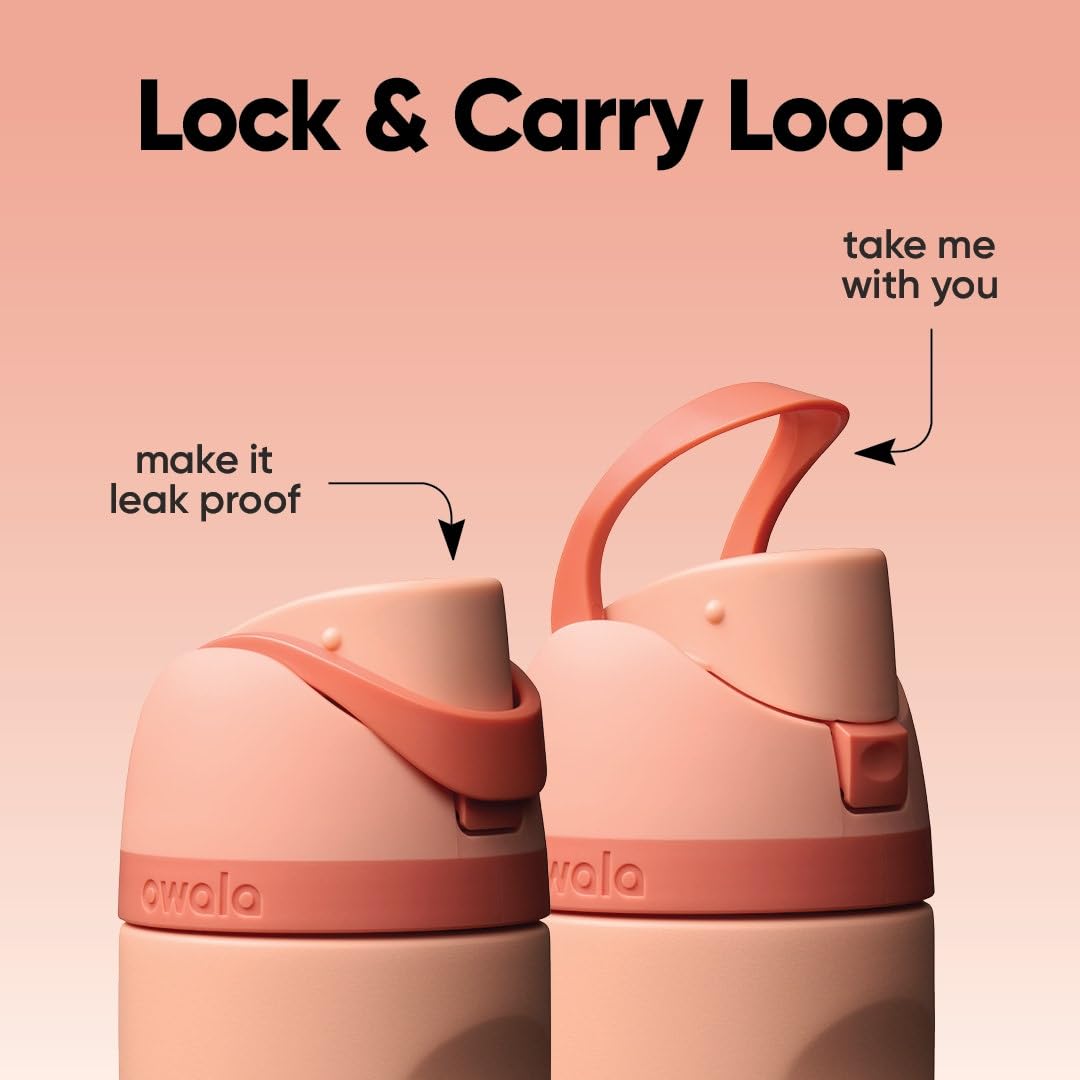 Owala FreeSip Kids push-button lid with carry-loop lock demonstrating spill prevention