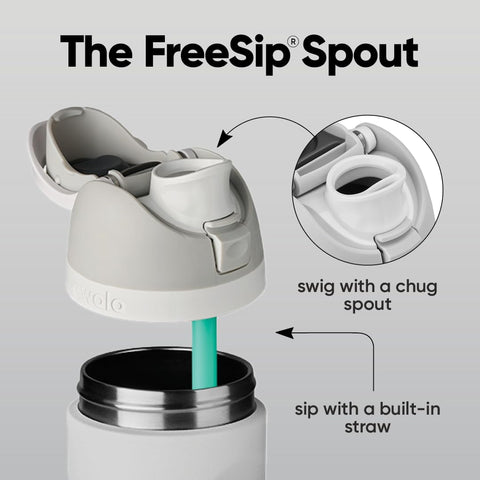 Owala FreeSip lid close-up showing push-button and easy-clean benefit